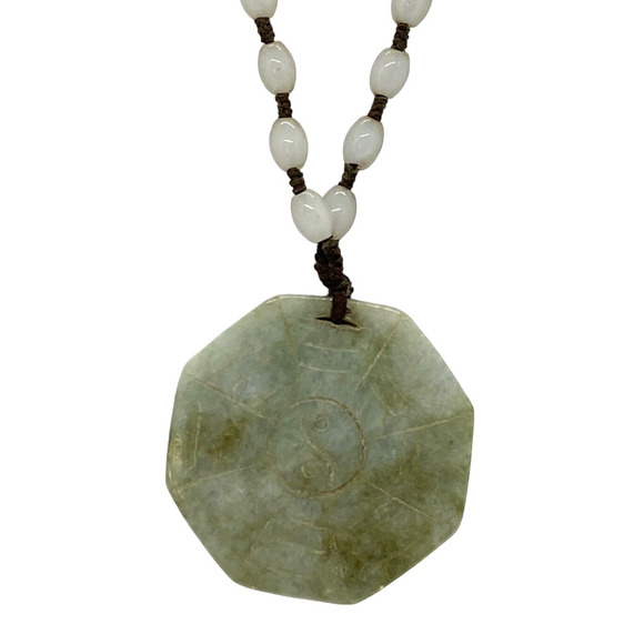 White Glass Bead 22" Necklace Green Nephrite Jade Carved Octagonal Pendant China - Picture 12 of 16